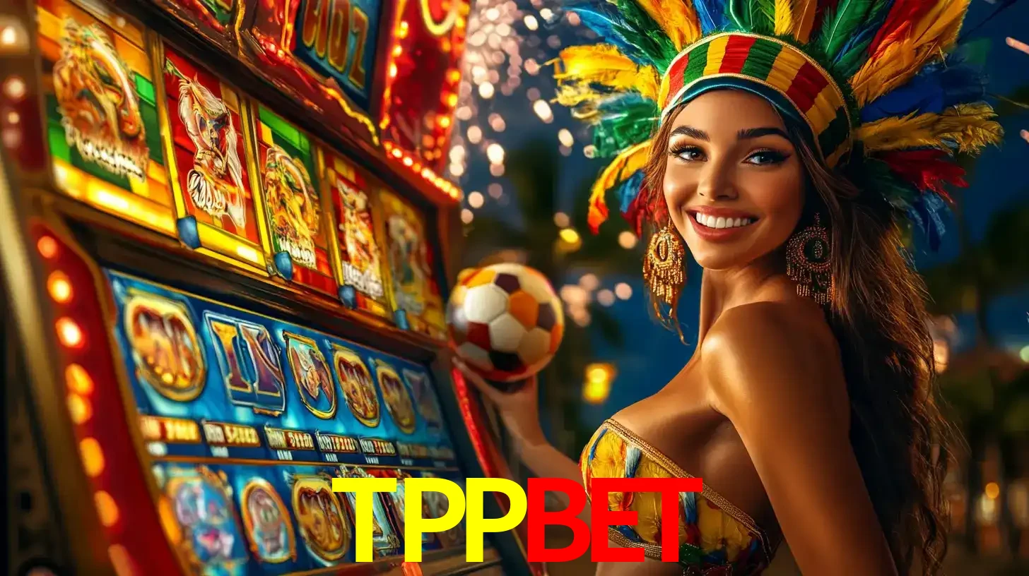 Mulher com um cocar de carnaval ao lado de uma máquina de caça-níqueis enquanto segura uma bola de futebol, mostrando a união da diversão de cassino e esportes no TPPBET.