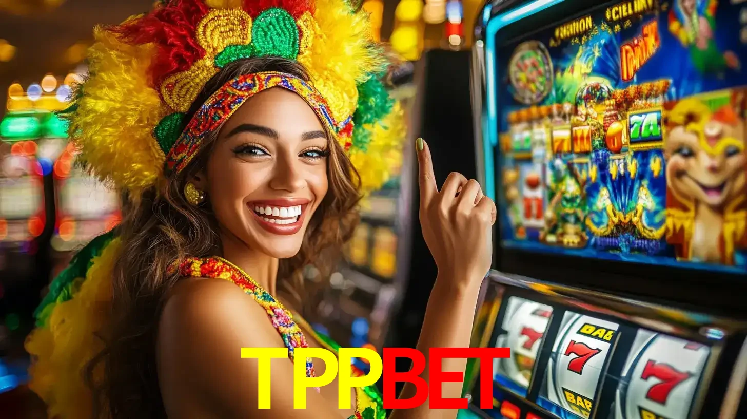 Mulher animada com um cocar de carnaval apontando para uma máquina de caça-níqueis, mostrando a emoção de ganhar um grande prêmio nos jogos do TPPBET.