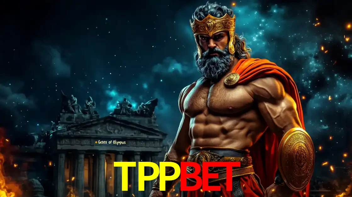 O poderoso Zeus do jogo de slot Gates of Olympus em frente ao seu templo, pronto para lançar multiplicadores divinos e prêmios épicos no cassino online TPPBET.