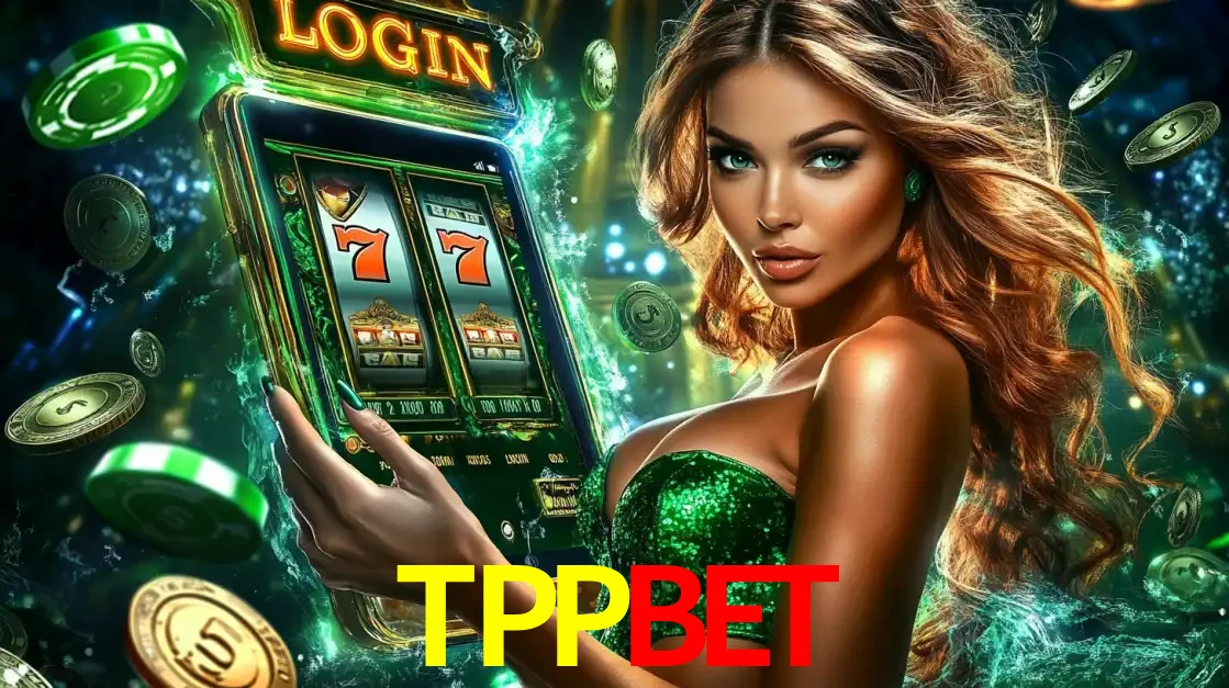 Mulher com tema verde apresentando o aplicativo do cassino TPPBET com um jogo de slot de 777, cercada por fichas de cassino e uma aura de sorte.