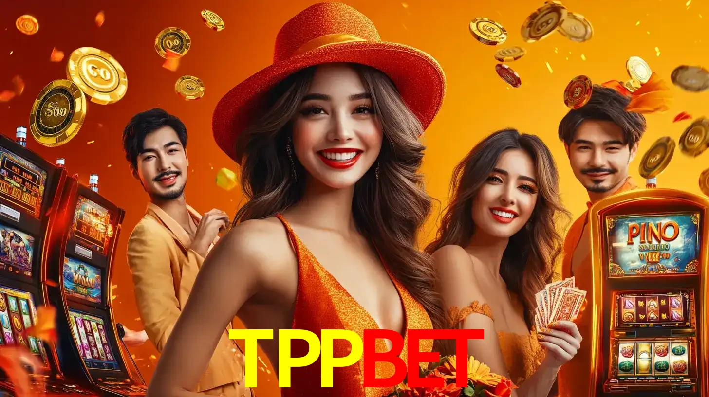 Grupo de amigos asiáticos sorrindo e se divertindo com máquinas de caça-níqueis em um ambiente festivo, celebrando suas vitórias nos jogos de cassino do TPPBET.