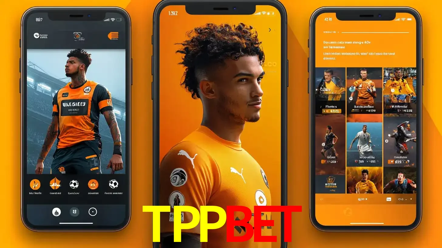 Interface do aplicativo de apostas esportivas TPPBET em três telas de celular, mostrando o perfil de um jogador de futebol e a lista de jogos disponíveis para apostar.
