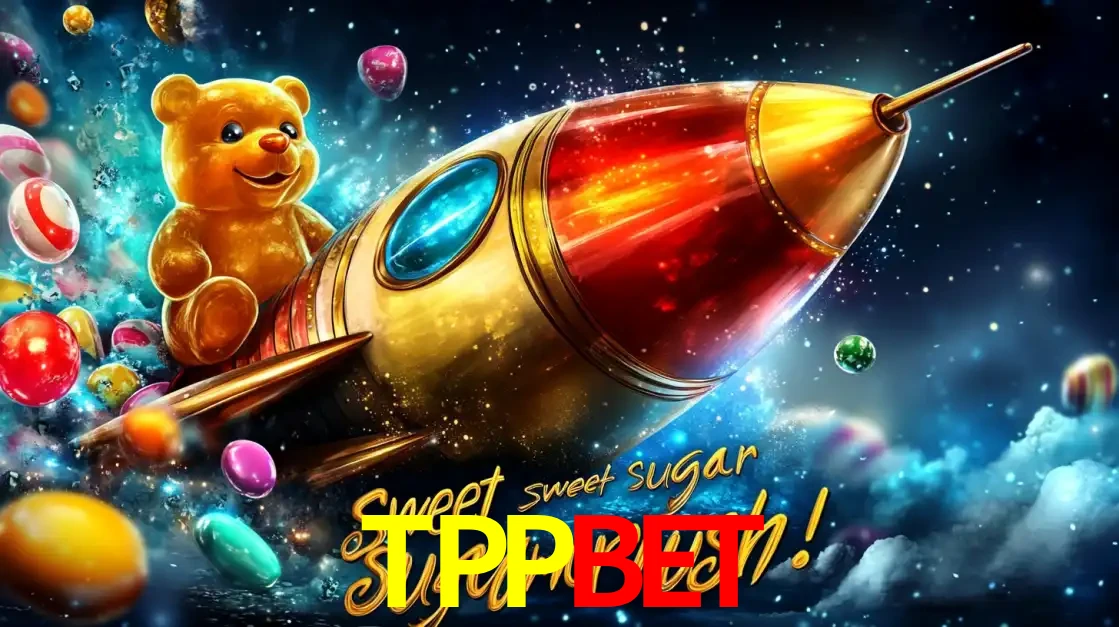 Arte promocional do jogo de slot Sugar Rush, com um urso de pelúcia em um foguete viajando pelo espaço de doces, um dos jogos divertidos disponíveis no cassino TPPBET.