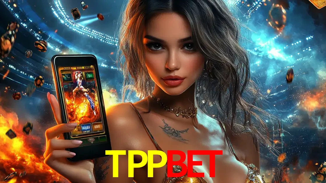 Mulher segurando um celular com um jogo de slot em destaque, tendo como fundo um estádio vibrante, simbolizando a emoção de jogar no cassino móvel TPPBET.