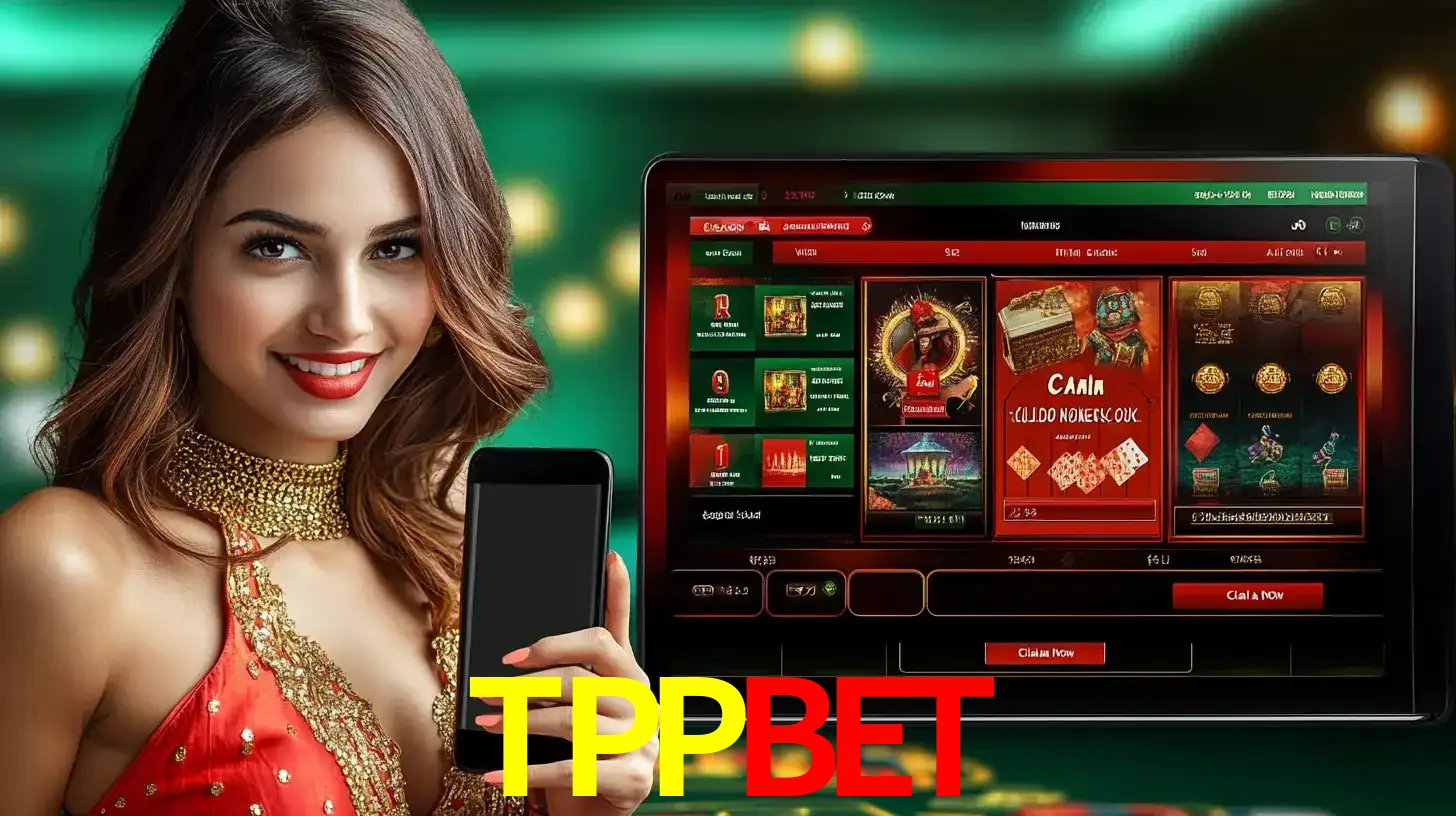 Mulher sorridente segurando um smartphone, ao lado de uma tela exibindo o lobby de jogos do cassino online TPPBET, com várias opções de jogos de cartas e slots.
